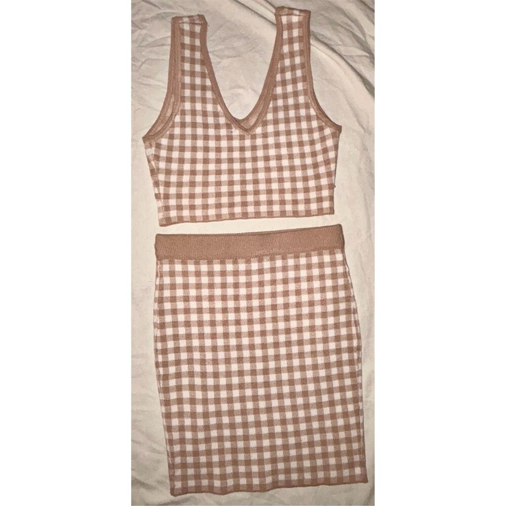 IRIS 2pc Outfit Set Womens Size S Beige Gingham Crop Tank Top Midi Skirt